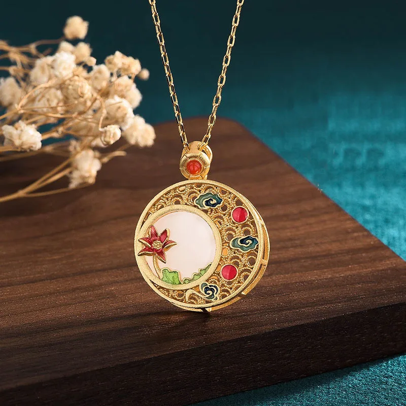 

Copper Ancient Gilt Enamel Hollow Round Flower Cloud Pendant Necklace Hetian Jade China Style Collarbone Chain Women CP537