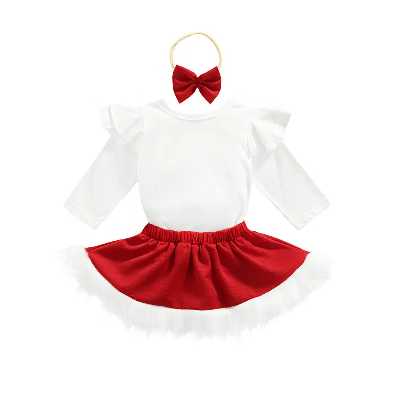 

3Pcs Baby Christmas Outfit Solid Color Long-Sleeve Romper + Fluffy Skirt + Headband for Toddler Girls, 0-24 Months