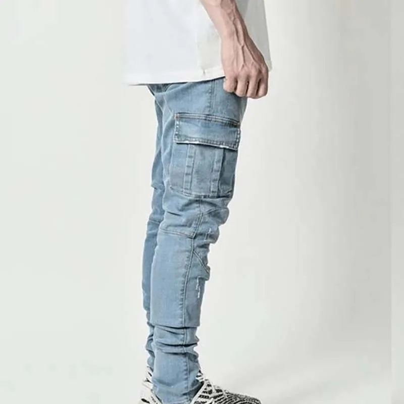 Jeans Men Pants Casual Cotton Denim Trousers Multi Pocket Cargo Jeans Men Street Style Hip Hop Pencil Pants Side Pockets Cargo