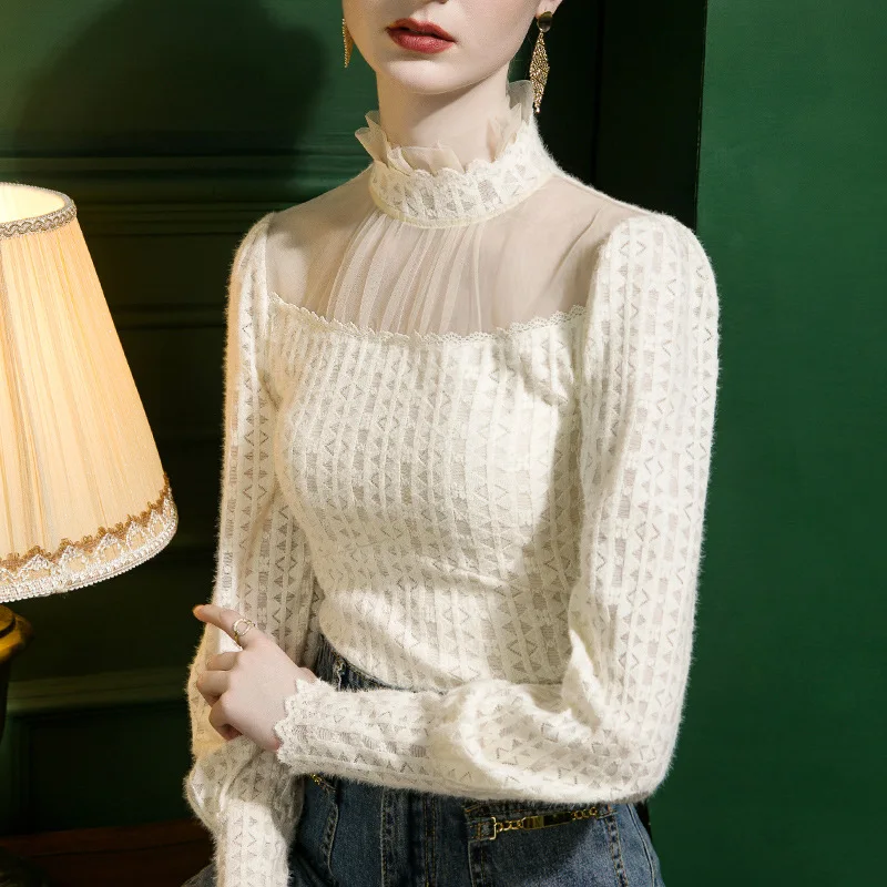 

High Quality 2022 Women T-shirt Gauze Joint Design Female Autumn Sexy Crop Top Clothes Casual Fashion Blouses Grace Meeting