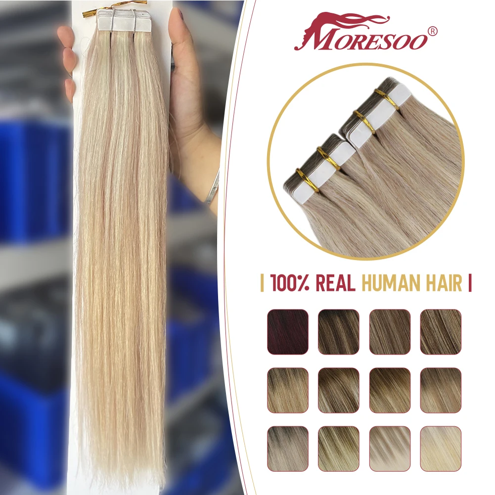 

Moresoo Human Hair Extensions Real Tape in Remy Ash Blonde Highlight Bleach Blonde Silky Straight Hair Extensions Human Hair