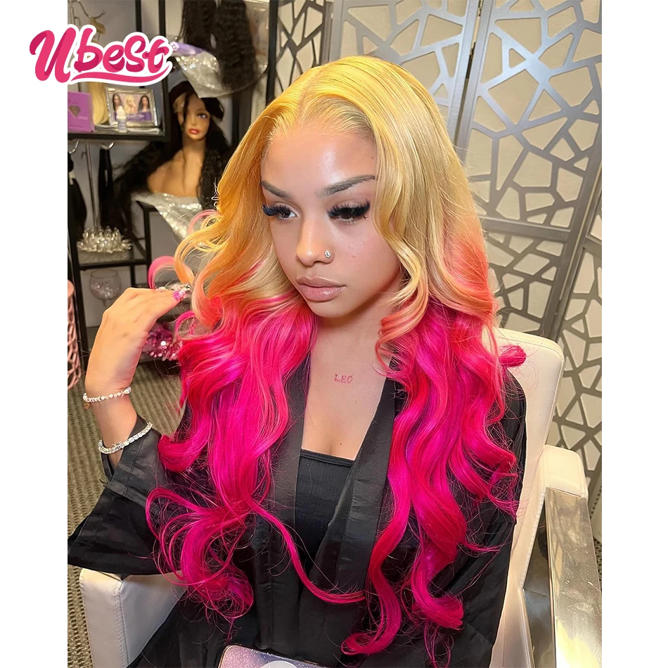 Парики женские из 200% человеческих волос с эффектом омбре золотисто-розового