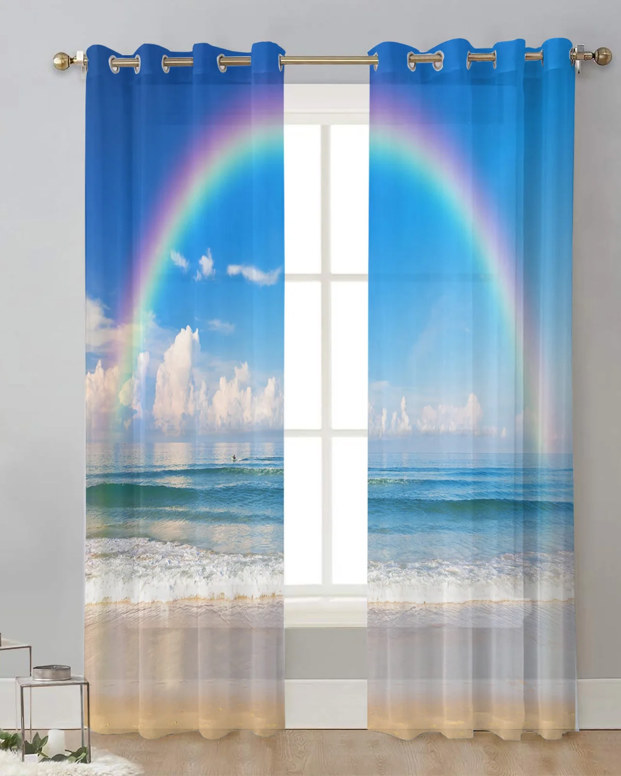 Rainbow Seaside Beach Blue Sky Sheer Curtains for Living Room Tulle Curtains for Kitchen Window Treatment Home Decor Drapes