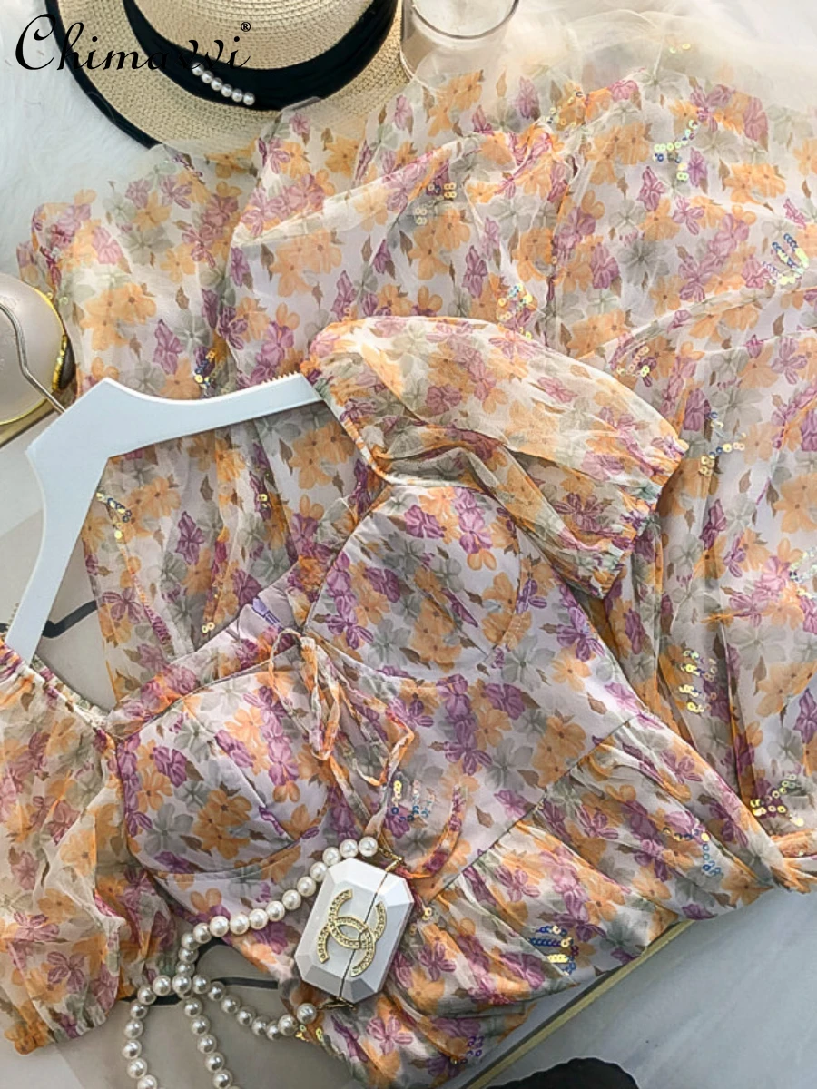 

French Dream Square Collar Puff Sleeve Floral Dress for Women 2022 Summer New Fashion High Waist Sequins Sweet Mesh Midi Dress