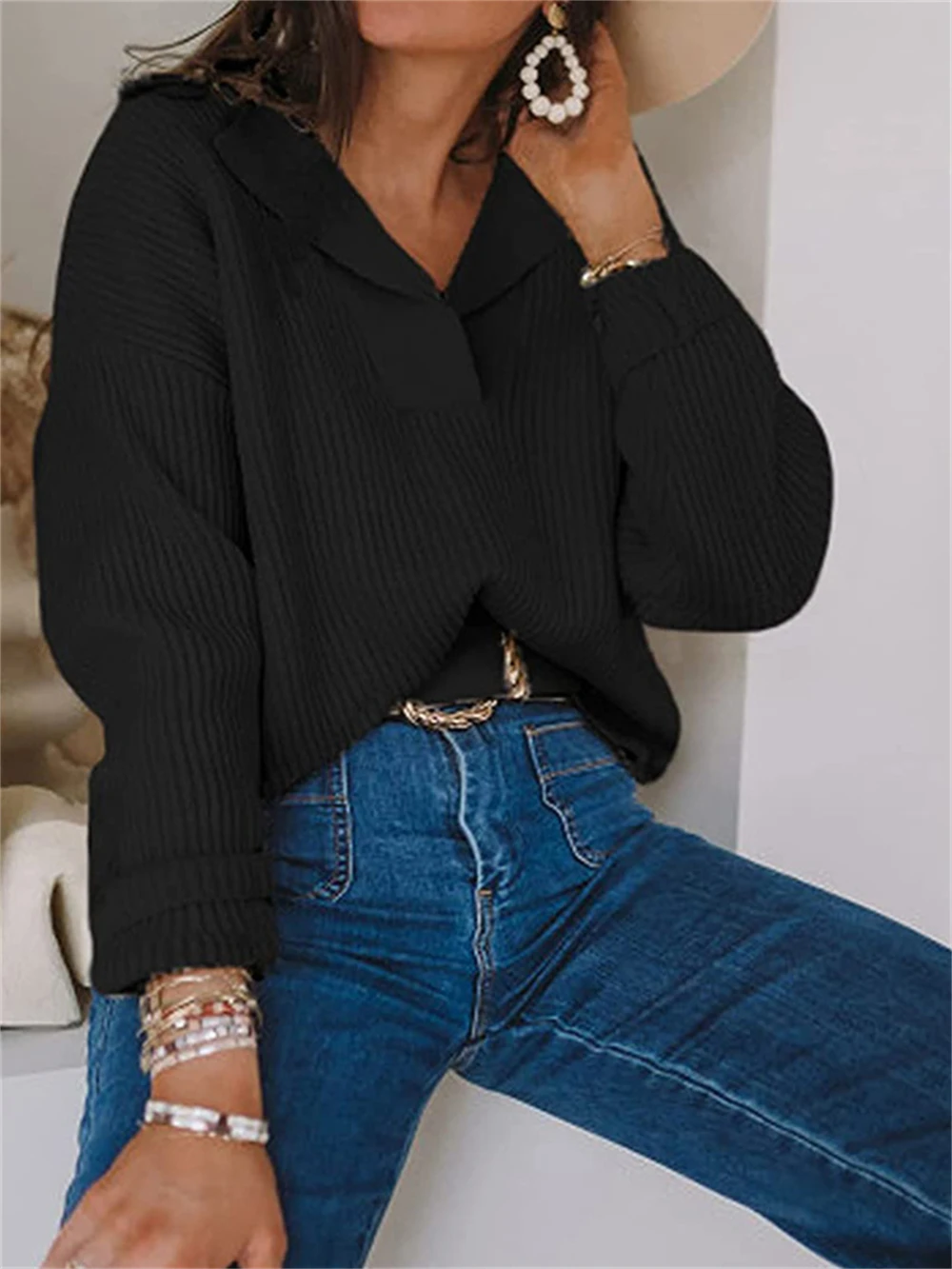 

Women Fashion Basic Ribbed Print Solid Sweater Elegant Chic Turn Down Collar Baggy Knitted Pullovers Korean Style Slim Knit Tops