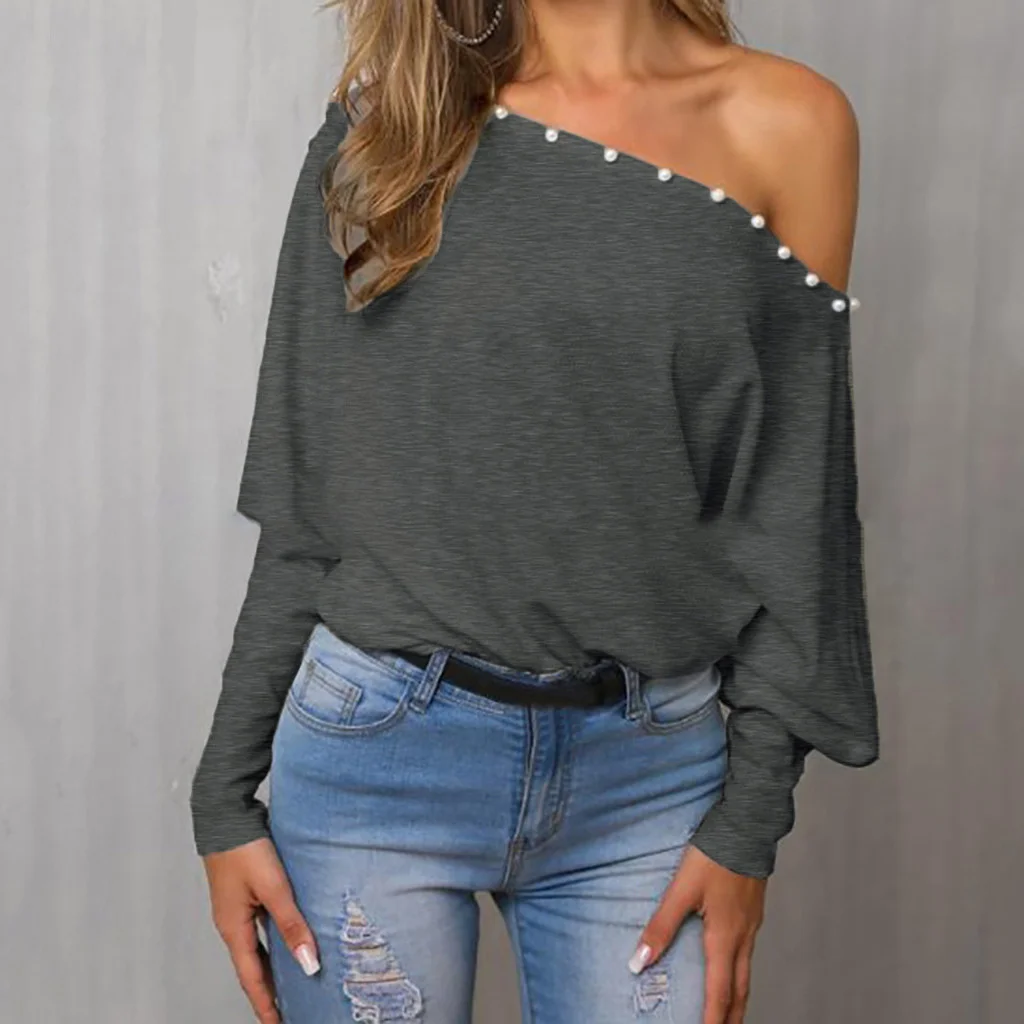 

Fall Women Casual Beading Patchwork Bat Black Tshirt Long Sleeve One Shoulder Streetwear Tee Loose Shirt Femme New Punk Clothing