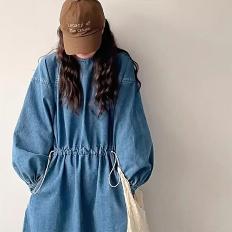 Женское джинсовое платье с карманами повседневное свободное винтажное круглым