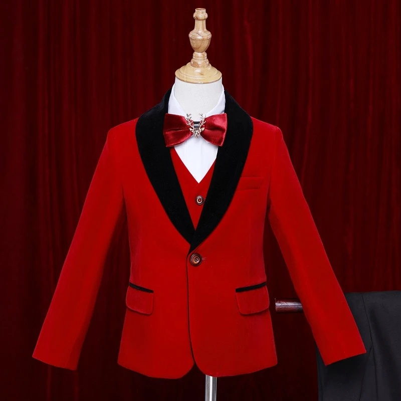 2023 New Boys Suit Stitching Temperament Retro Slim Three-piece Formal Banquet Dress