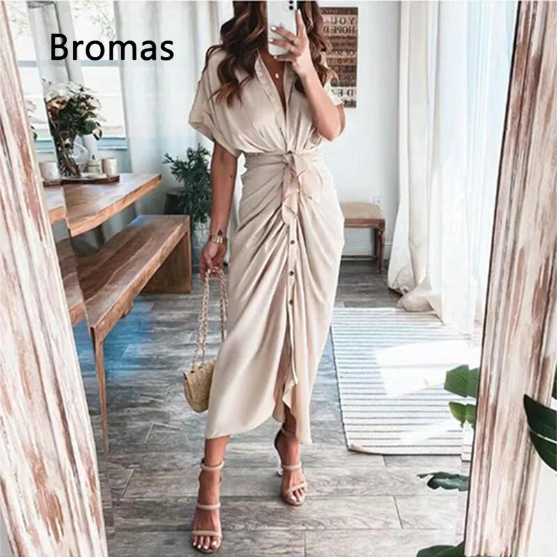 

New Women's Summer Button-Up Lace-Up Shirts Elegant Party Dresses Fashion Casual Solid Color V-Neck Short Sleeve Pleated Beach L