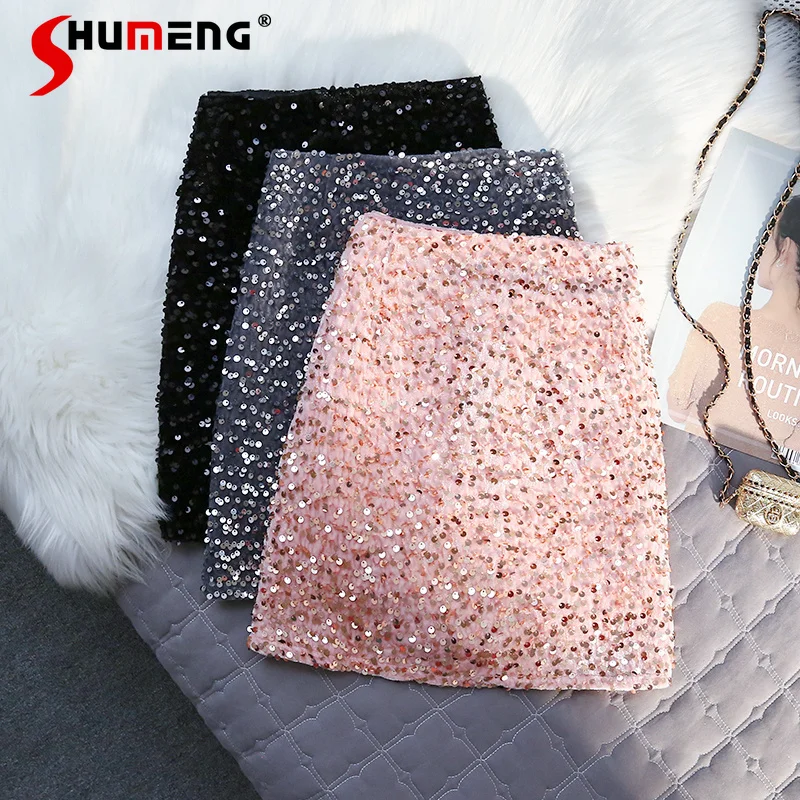 

French Retro High Waist Slim-Fit Short Skirt All-Matching High-Grade Hip-Hugger Black Sequined Shiny Women's Pink Skirts