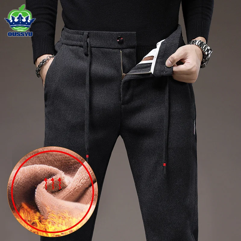 

Winter Warm Fleece Casual Pants Men Cotton Drawstring Elastic Waist Velvet Business Outdoors Black Thick Stretch Trousers Male