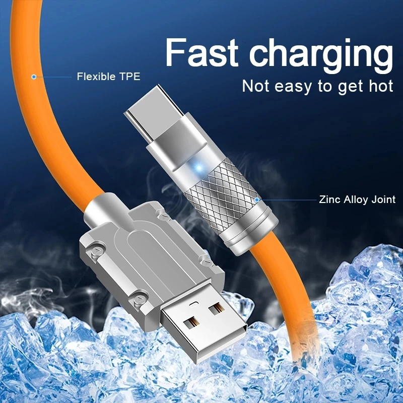 Фото Соединительный кабель из цинкового сплава, 120 Вт, 6 А, USB Type-C, жидкий силикон, 6,0 толстый провод для быстрой зарядки iPhone, Xiaomi, Huawei, Samsung, линия передачи данных №3