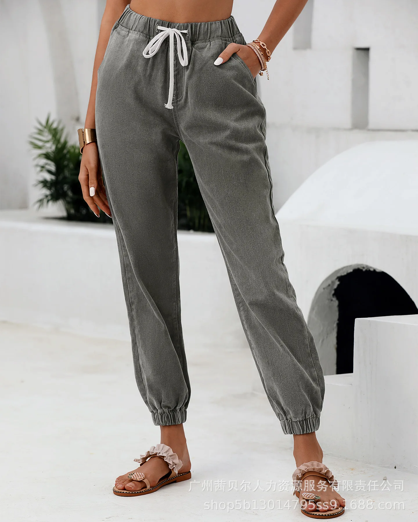 

Casual Women Light Gray Bandage Slim Fitting Jeans 2022 Spring Summer Fashion New Streetwear Elastic Waist Trousers