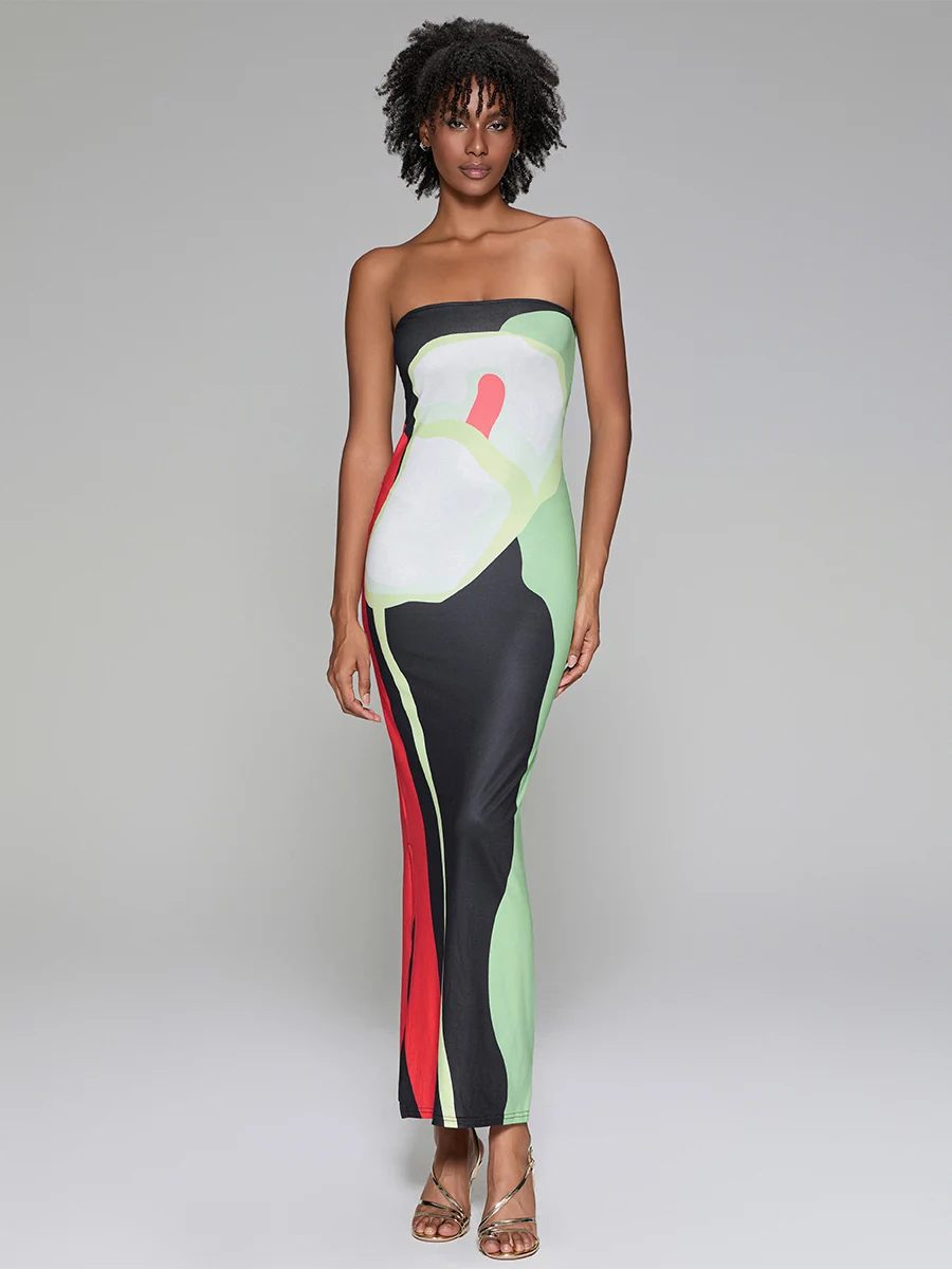 Женское облегающее длинное платье без бретелек с абстрактным принтом