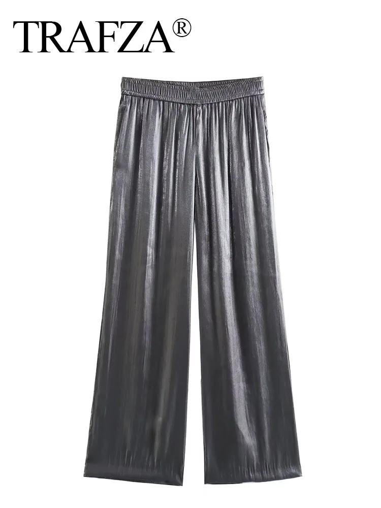 

TRAFZA Autumn Woman New Fashion High Waist Casual Pant Female Trousers Strethy Waist Pockets Wide Leg Pants Metal Color Pants