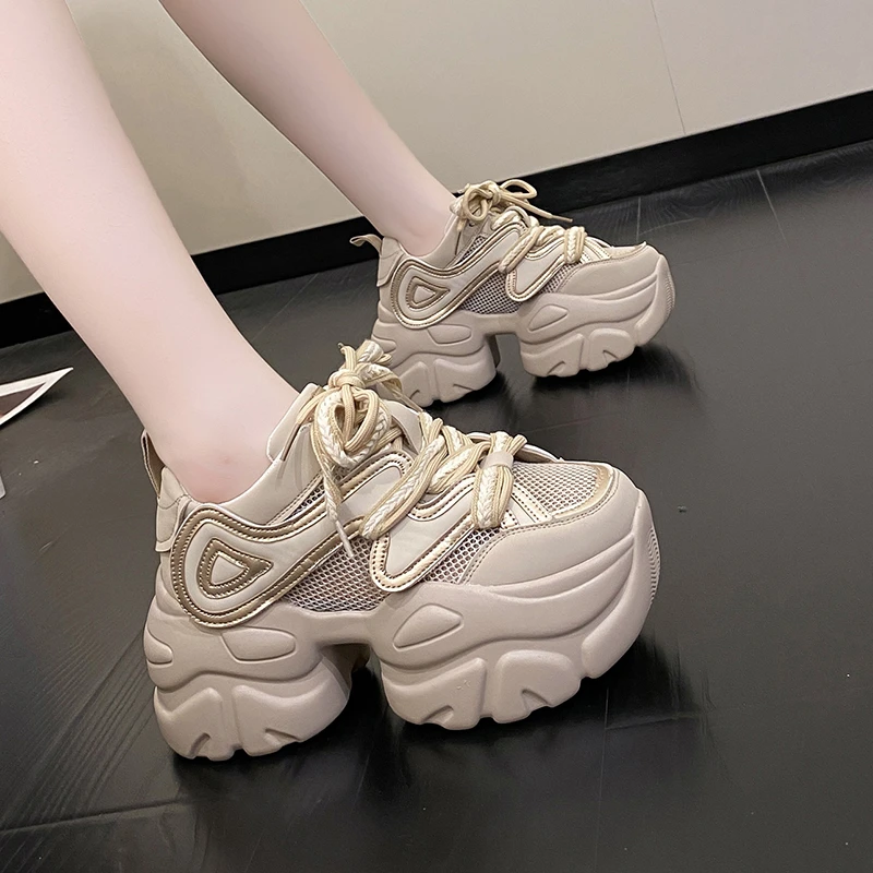 

2023 Autumn Women Chunky Sneakers Breathable Mesh Casual Shoes 8CM Wedge Heels Platform Shoes Chaussures Femme Sports Dad Shoes