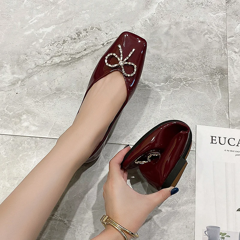 High Quality Size 35-44 Square Toe With Rhinestone Bow Woman New Arrivals Slip On Flat Shoes Ladies