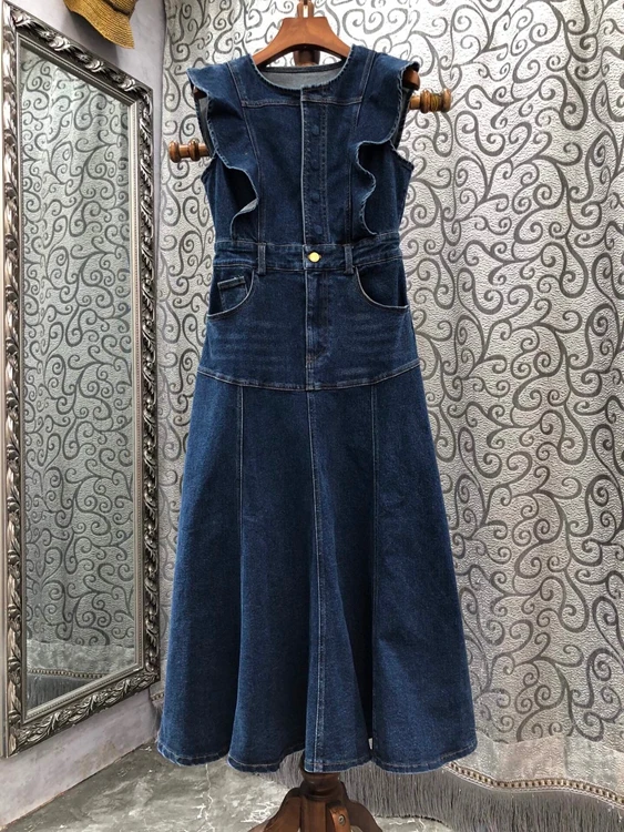 

2022 new women fashion round leader shoulder fungus ruffle stitching sleeveless denim skirt dress 511