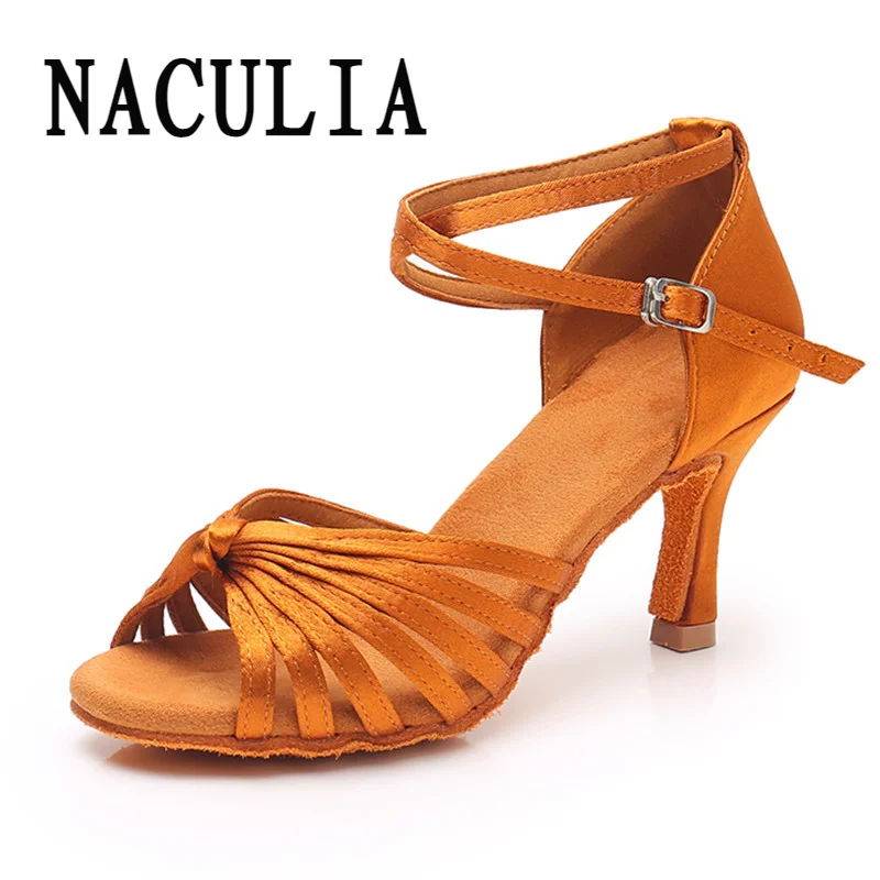 Silk Satin Latin Dance Shoes Women Ballroom Tango Salsa Dancing Shoes  Ladies High Heels Soft Bottom Shoes 5.5/7.5CM Hot Sales