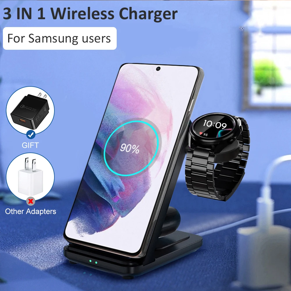 3 in 1 wireless charger stand for samsung galaxy watch 34 active 21 fast charging dock station for samsung s22 s21 s20 s10 free global shipping