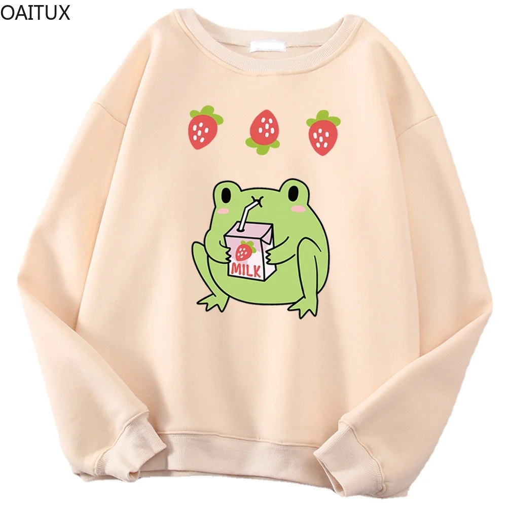 

2023 Kawaii Womens Sweatshirts Cute Frog Drink Strawberry Milk Tea Print Clothing Lady Oversize Moletom Hip-Hop Animal Females