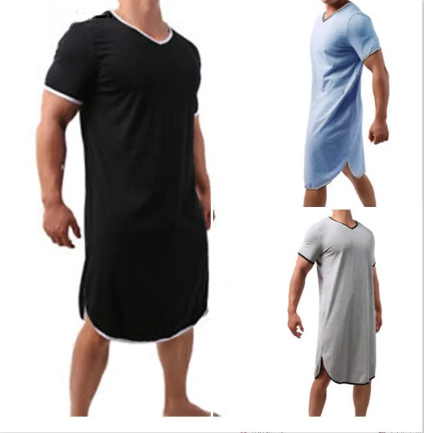 Muslim Men's Pajamas Casual Short Sleeve Solid V-Neck Robes Sleepwear Vintage Nightgowns  Men Homewear Pijamas Hombre Night Gown