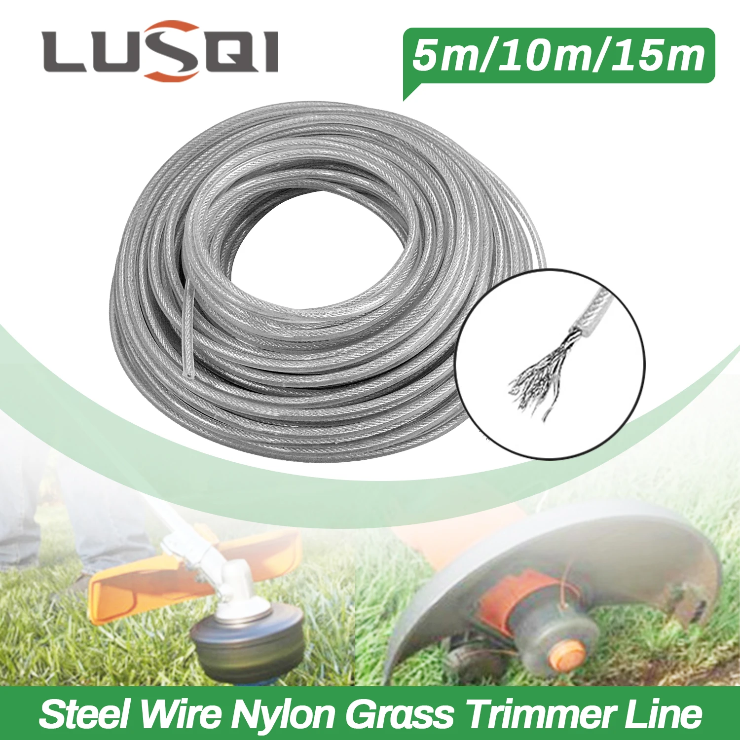 LUSQI 5M/10M/15M Steel Wire Nylon Grass Trimmer Line Brushcu