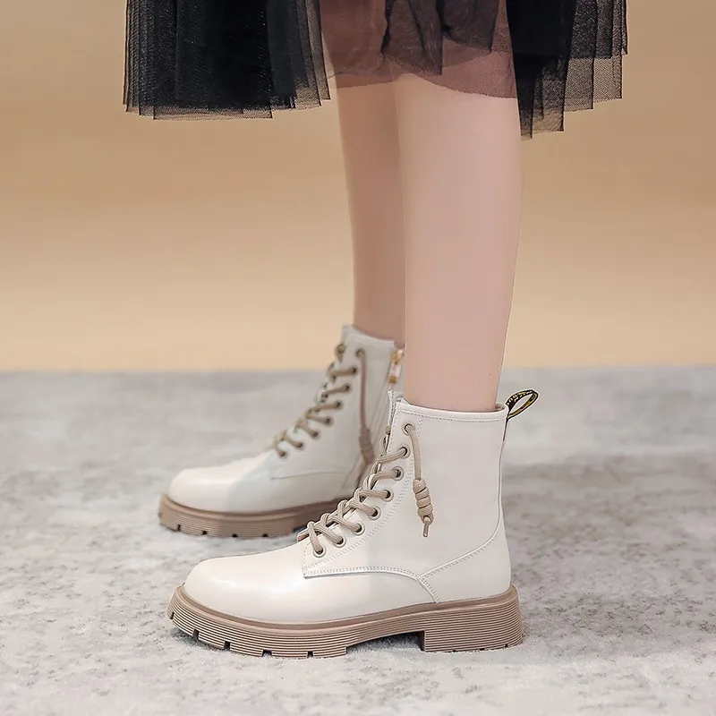Beige Combat Boots For Women Platform Motorcycle Boots 2022 New Fashion Lace Up PU Leather Short Ankle Boots Female Designer