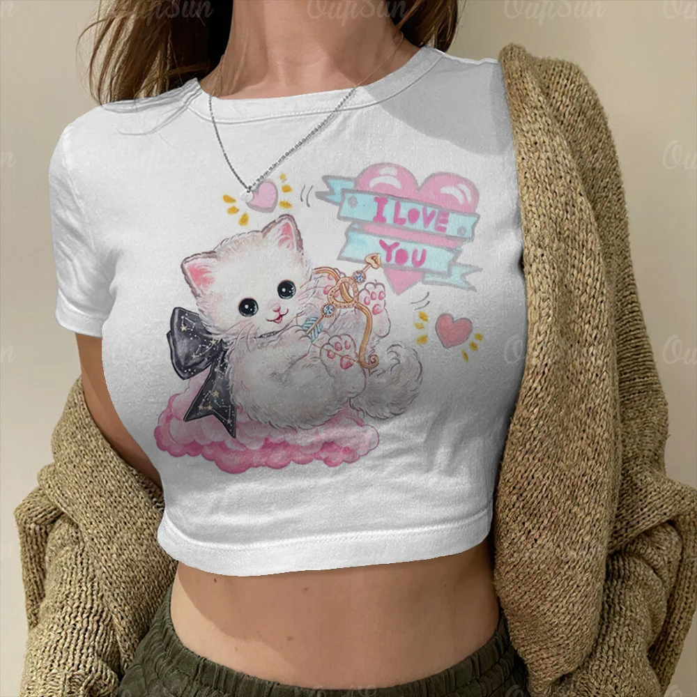

Укороченный женский топ с милым принтом котенка, кавайная футболка, винтажные Детские футболки, Топ в стиле Харадзюку, уличная одежда с круглым вырезом и короткими рукавами, повседневная одежда