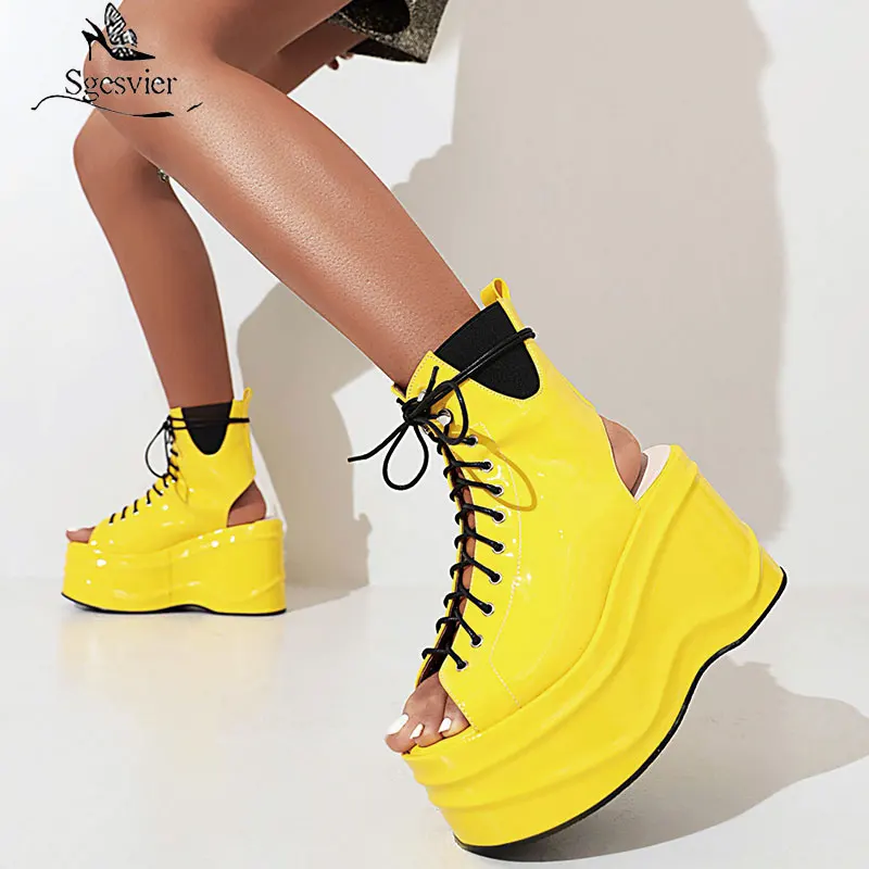 

Sgesvier Thick High Platform Gladiator Sandals Women Sexy Open Toe Cross-tied Ankle Boots Wedge Heels Black Yellow Shoes Female