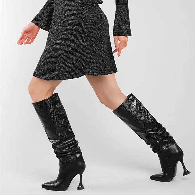 Sexy Women Solid Color Long Boots Thin Heel Microfiber Pointed Toe Shoes Female High Heel Pleated Zipper-Sid Punk Boots Female