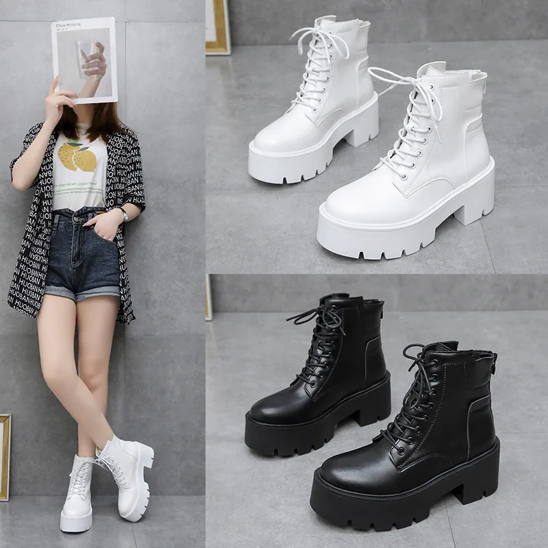 White Black PU Leather Ankle Boots Women New Autumn Winter Round Toe Lace Up Shoes Woman 2022 New Motorcycle Platform Boots