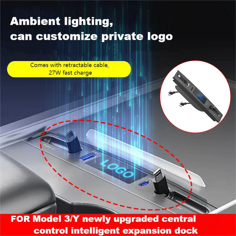 

Upgrade 27W Quick Charger LED Intelligent Docking Station USB Shunt Hub For Tesla Model 3 Y 4 Ports Powered Splitter Extension