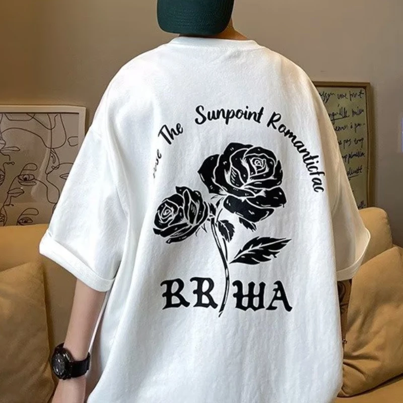 

Oversized T-shirts for Men 1:1 High Quality Cotton O-neck Rose Printed Fashion Casual Top Tee