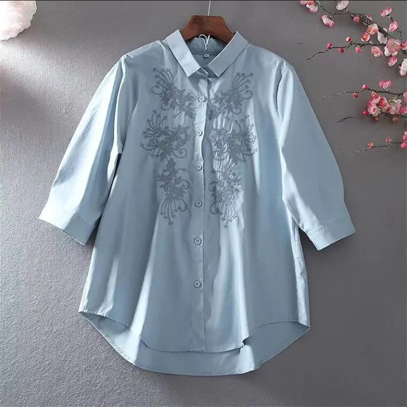 

Pure Cotton Vintage Shirt For Women Shirt Embroidered Flower Three-quarter Sleeve Thin Blous Laple Button Up Leisure Femme Shirt