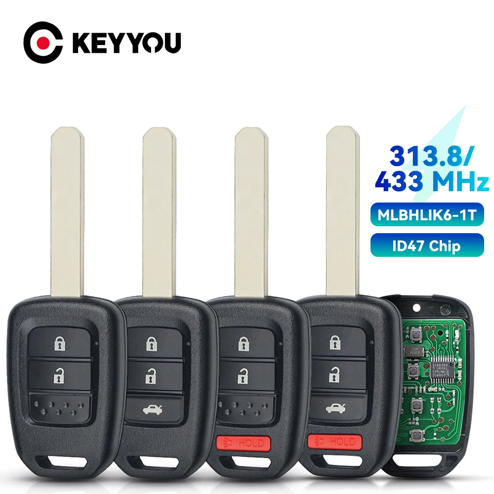 

KEYYOU 313.8Mhz / 433Mhz Remote Key Fob For Honda 2013-2015 CRV 2013-2017 Accord Civic Fit MLBHLIK6-1TA ID47 Chip