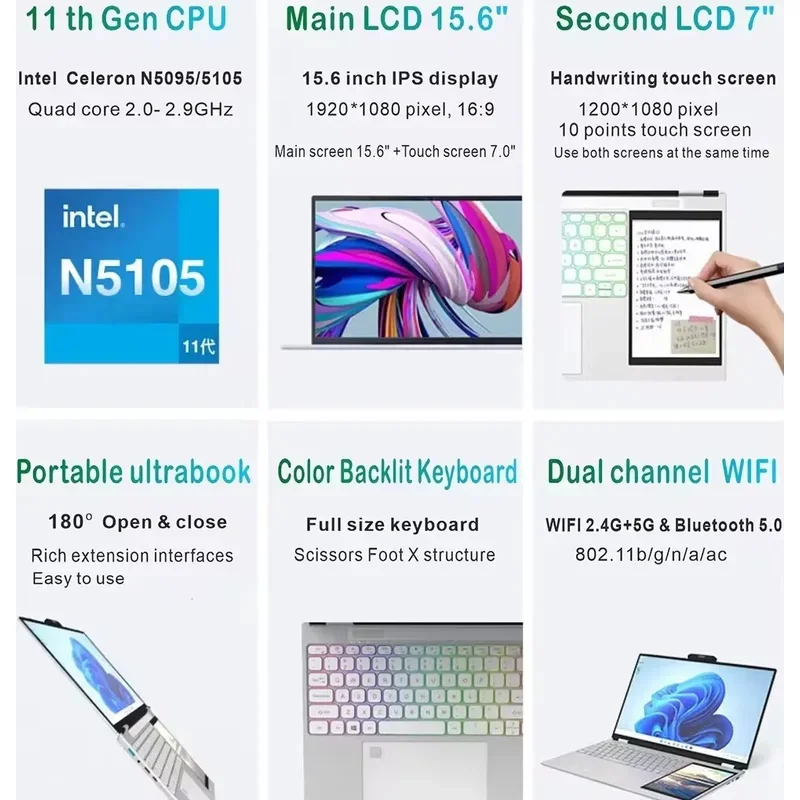 Самый продаваемый OEM ноутбук с двойным экраном Celeron N95 15 дюймов 7 128 ГБ 256 512 1 ТБ SSD