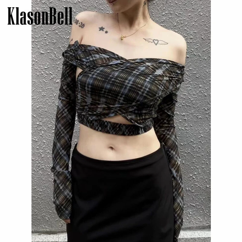 

6.8 KlasonBell Vintage Criss-Cross Plaid Print Hollow Out Long Sleeve Crop Top T-Shirt Women