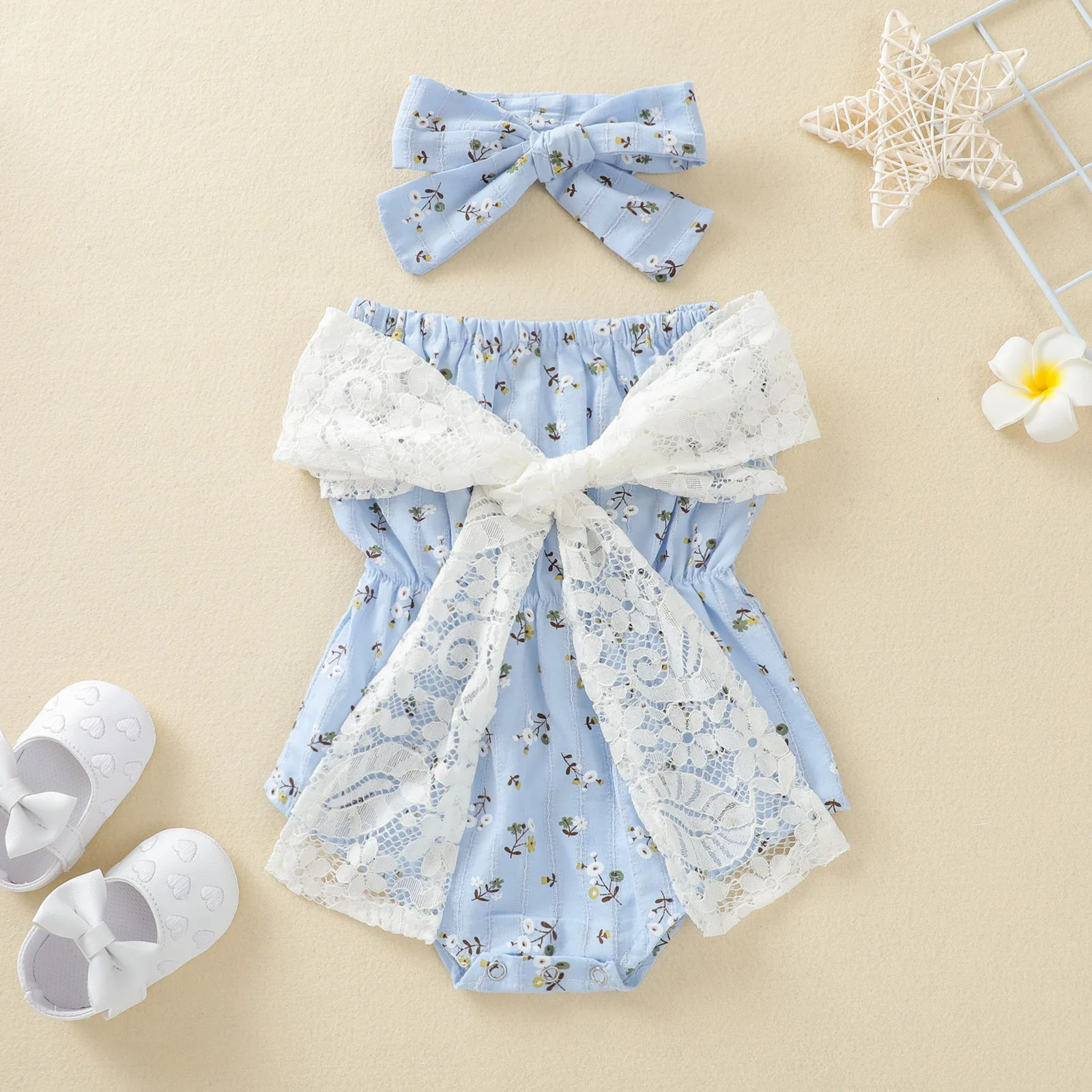 

Off Shoulder Floral Print Bodysuit Infant Baby Girls Cute Clothes Summer Bowknot Lace Rompers Boho Princess Jumpsuit Headwear