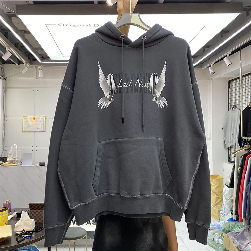 

Double Dove Print ASKYURSELF Hoodie Fleece Reverse Suture Sweatshirts Men Women Vintage Wash Do Old High Street Loose Pullover