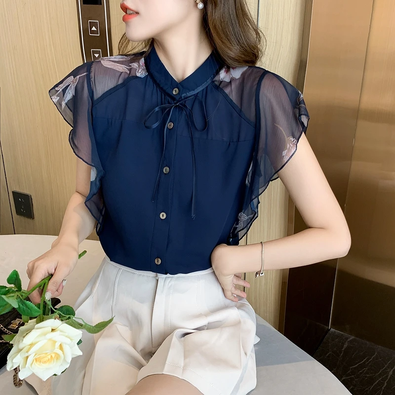 

Chiffon Women Blouses Short Sleeve Shirt 2022 Summer Ruffle Blouse Ladies Tops Korean Fashion Women Clothing Sweet Button Shirts
