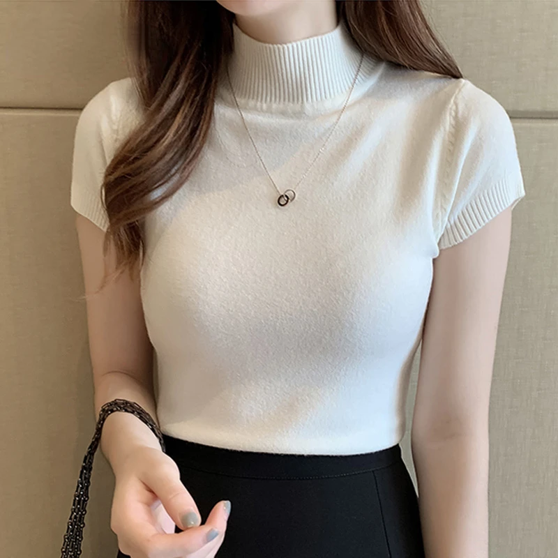 

Casual Women Clothing Korean Knitted Women Top Blusas Mujer De Moda Spring Summer New Solid Slim Turtleneck Blouse Blusas