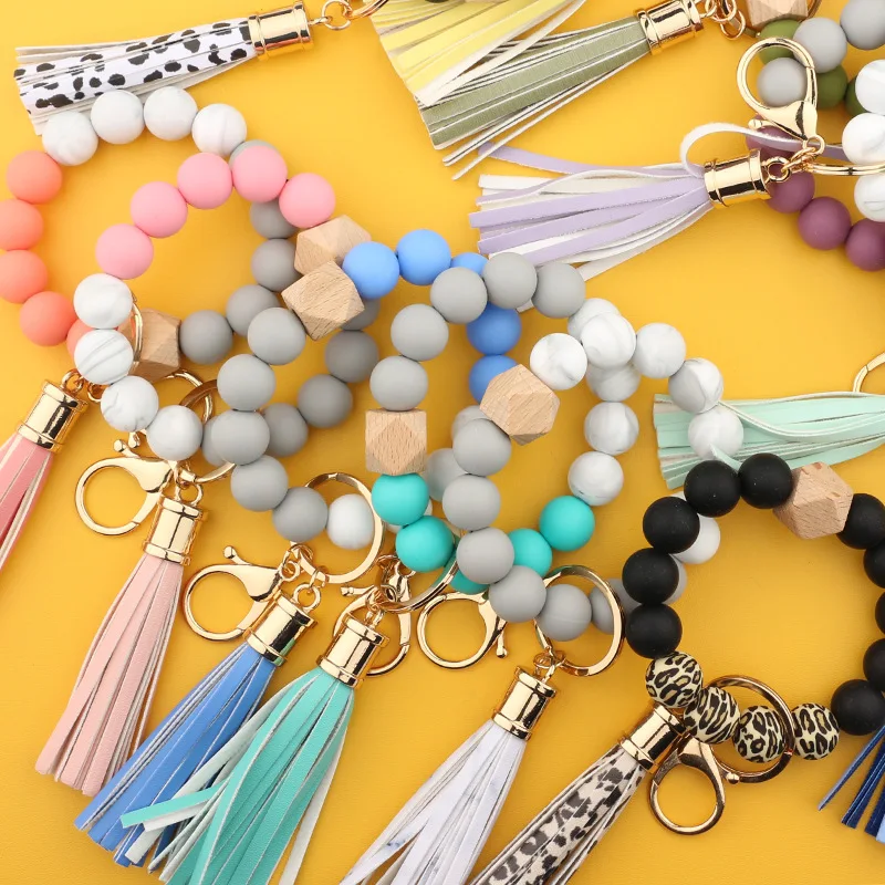 

Silicone Keychain For Keys Tassel Wood Beads Bracelet Keyring For Women Multicolor Beads Keychain Fashion Keychain Wholesale