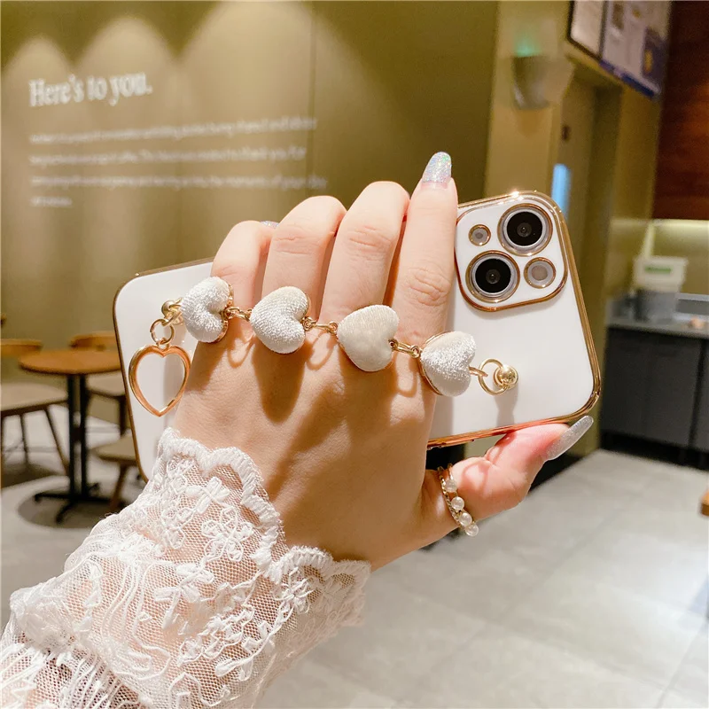 Luxury Gold Plated Heart Charm Strap Case for iPhone 14 Pro Max 13 11 Chain Holder Cover for iPhone 12 8 Plus 7 XR XS X SE 2020