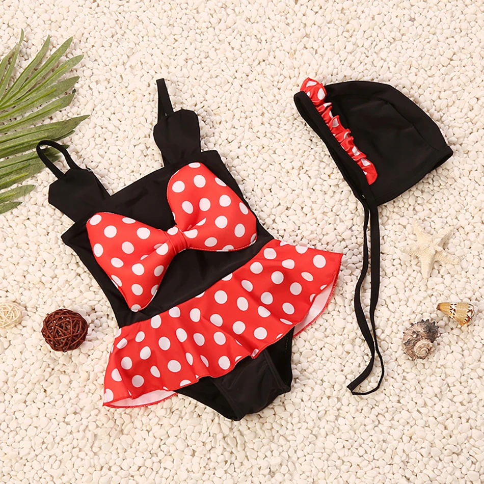 

Летний купальник для маленьких девочек, детский купальник с Микки Маусом + шапка, комплект из 2 предметов, Милая юбка в горошек с бантом, треу...