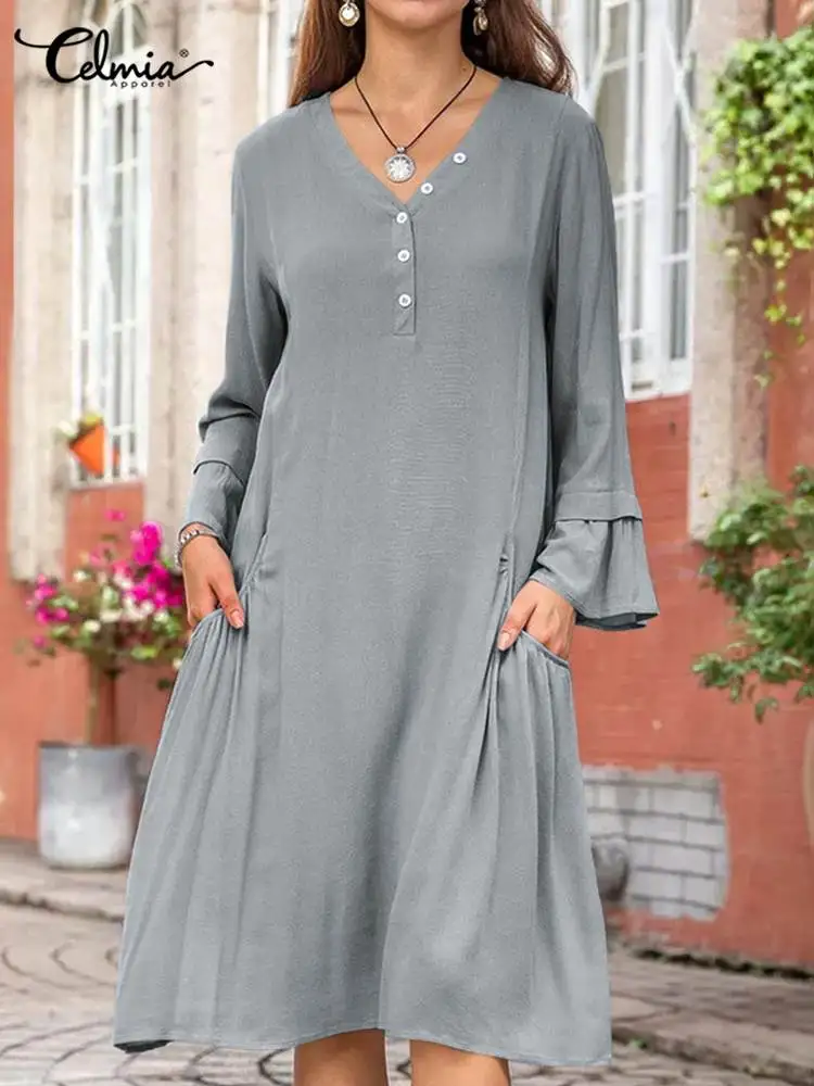 

Women Long Sleeve Midi Dresses Celmia Casual Autumn Dress Ladies Solid V Neck Shirt Vestidos 2022 Party Pleated Baggy Robe Femme