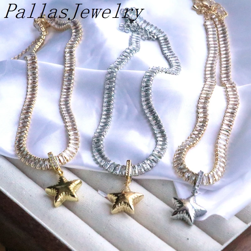 

5Pcs 18k Gold Silver Plated CZ Zirconia Tennis Chain Necklace with Shiny Bulgy Star Charm Pendant Chokers Fashion Jewelry Gifts