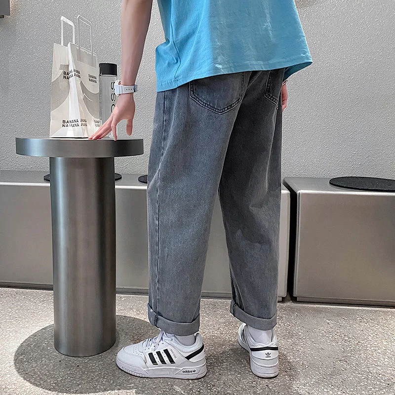 Summer Grey Blue Jeans Men Fashion Casual Straight Jeans Men Streetwear Hip Hop Loose Denim Pants Mens Cropped Pants M-3XL