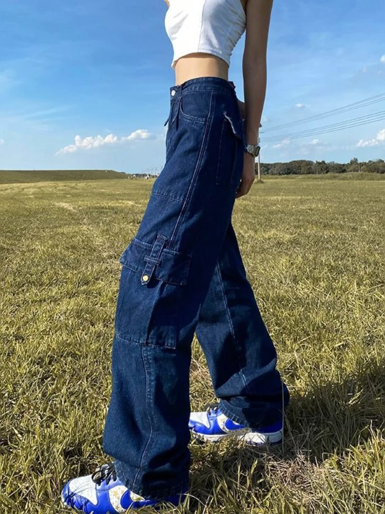 

HOUZHOU Vintage Blue Cargo Jeans women baggy High Waist Streetwear Korean Fashion Wide Leg Denim Trousers Casual Straight Pants