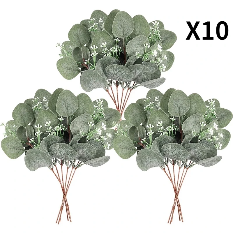 

10Pcs Fake Eucalyptus Leaves Stems Artificial Greenery Flowers For Bride Bouquet Vase Floral Arrangement Home Wedding Decoration